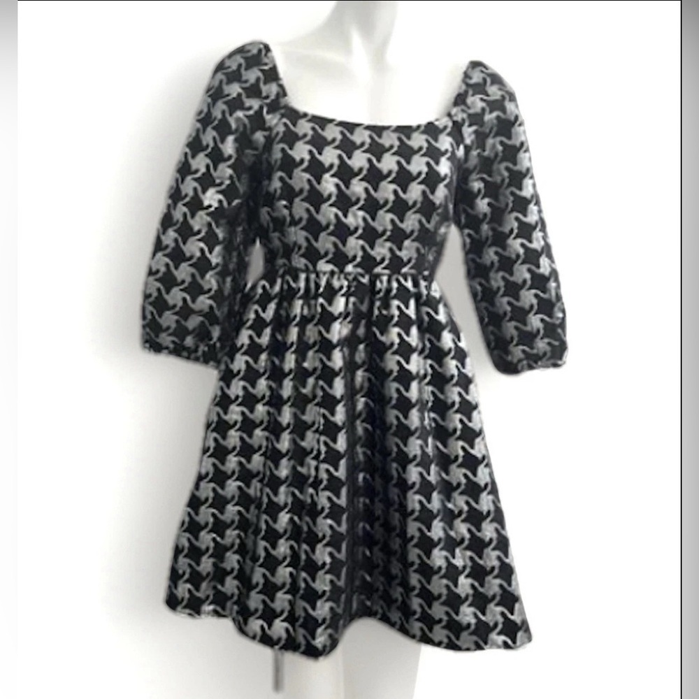 NEW Anthropologie Balloon Sleeves Dress XSMALL DAMASK houndstooth Silver Black